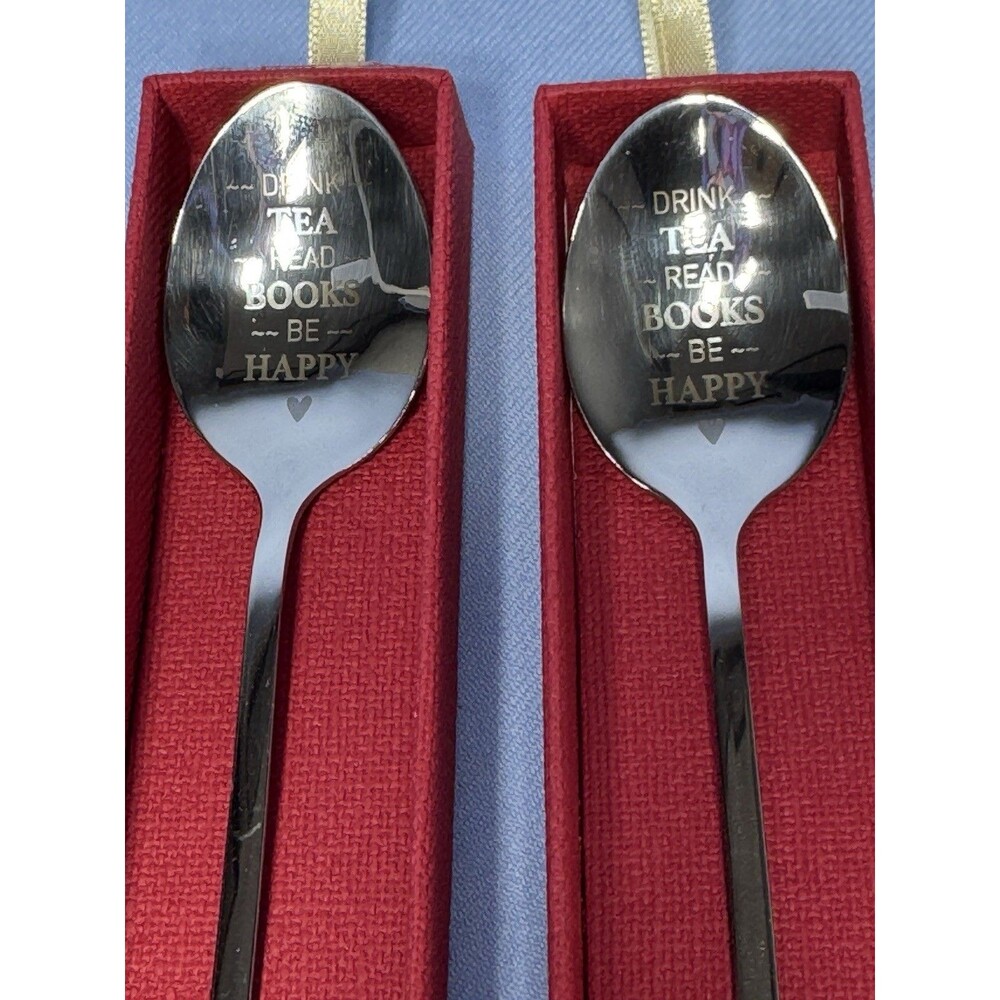 2 Stainless Steal, Drink Tea Read Books Be Happy Tall Iced Tea Spoons W Boxes.